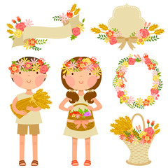 kids carrying crops next to matching design elements