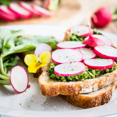 Vegan sandwich with wild garlic pesto and radish 