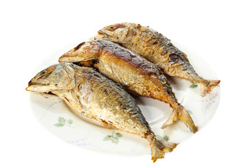 Fried mackerel on white background.