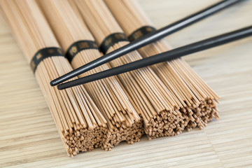 close-up bundles of soba noodles
