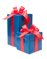 Gift concept. Turquoise present box with a gift and a red bow is