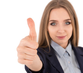 Well done! Beautiful young woman in formalwear showing her thumb