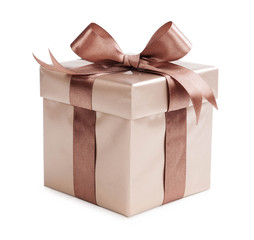 Gold box with gifts and brown bow