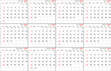 Vector calendar for 2016