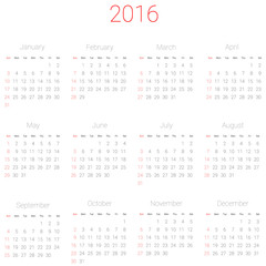 Vector calendar for 2016