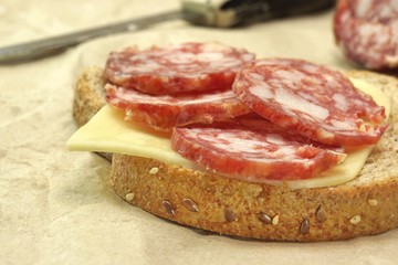 Simply Sandwich With Dried Smoked Sausages Slices And Cheese