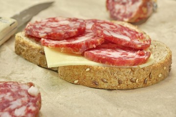 Simply Sandwich With Dried Smoked Sausages Slices And Cheese