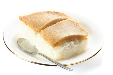 Thai custard with sticky rice on white