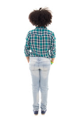 back view of african american teenage girl isolated on white