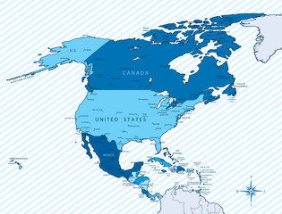 North America map blue with countries and cities