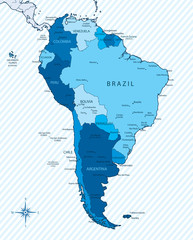 South America map blue with countries and cities