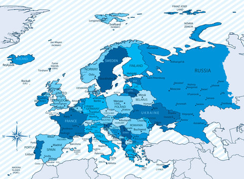Europe map blue with countries and cities