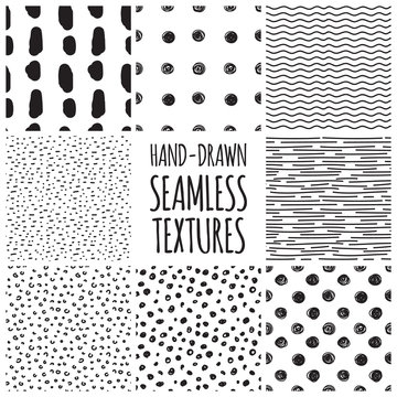 Set of eight black and white seamless hand drawn textures