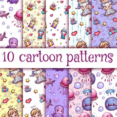 Vector seamless pattern with cute cartoon illustrations