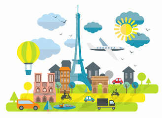 Flat design illustration with Eiffel tower in Paris town