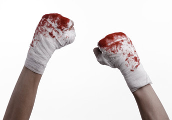 bloody hand in a bandage, bloody bandage, white background - obrazy, fototapety, plakaty