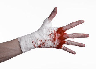bloody hand in a bandage, bloody bandage, white background © Alex