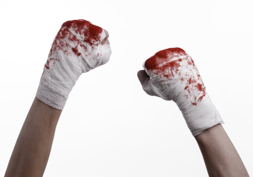 bloody hand in a bandage, bloody bandage, white background