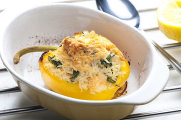 pepper baked with Parmesan filled with rice and salmon