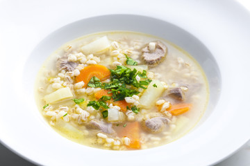 Scottish soup of mutton meat with kohlrabi and barley