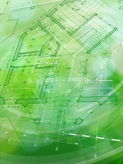 blueprint house plan & green technology radial background