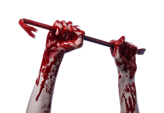 Bloody hands with a crowbar, hand hook, white background