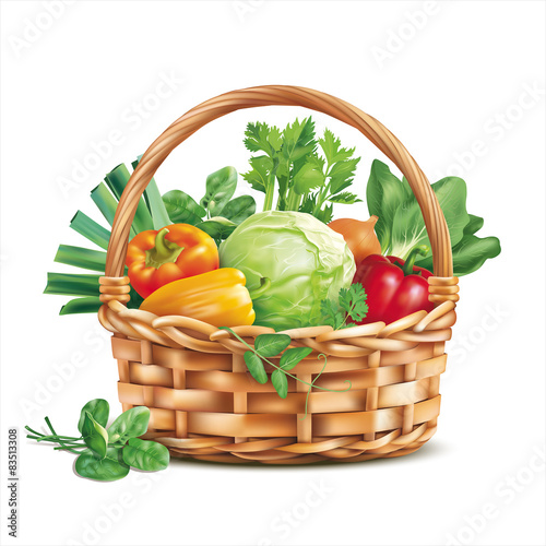 "Basket with vegetables isolated on white. Vector illustration." Stock image and royaltyfree