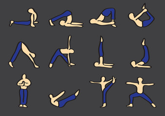 Hatha Yoga Poses Cartoon Vector Icon Set