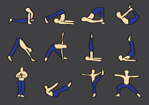 Hatha Yoga Poses Cartoon Vector Icon Set