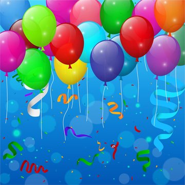 Happy Birthday party with balloons and ribbons background