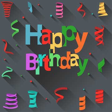 Happy Birthday text with ribbon and confetti flat design
