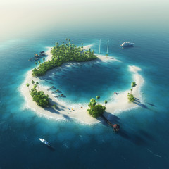 Private island. Paradise tropical island with bungalows