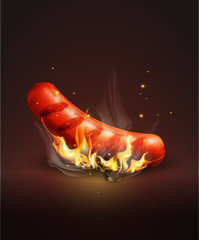 Vector sausage roasted on coals and fire on the dark background