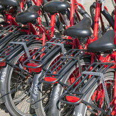 Obraz premium red rental bicycles in amsterdam