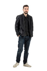 Naklejka premium Bearded fashion male model in black jacket
