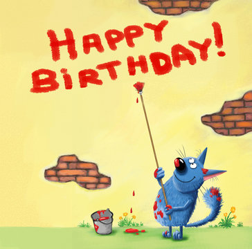 Happy Birthday Card Cat Writing on the Wall