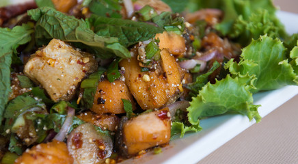 Salmon larb spicy salad thai style