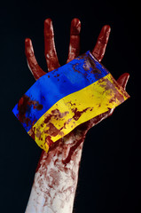 Bloody hands, the flag of Ukraine in the blood, revolution