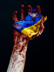 Bloody hands, the flag of Ukraine in the blood, revolution