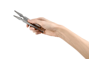 Bartender holding a hookah coal tongs on a white background