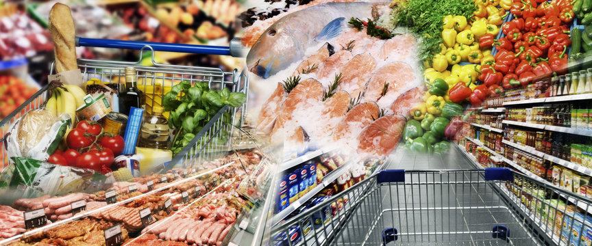 Gemüse, Fleisch und Fisch im Supermarkt