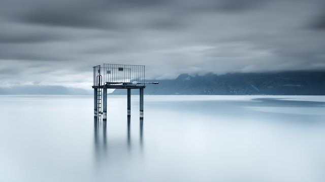 Switzerland, Lac Leman, View of diving platform