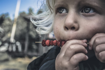 Close-up portrait of a Girl standing outdoors eating wild strawberries on a stick, Norway