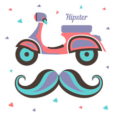 Funny vector retro vintage scooter and hipster mustache