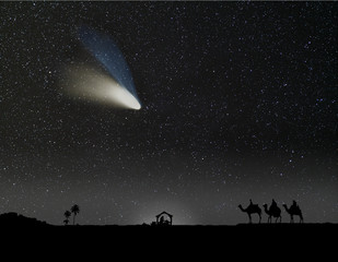 Nativity scene with 3 wise men and the Christmas comet.