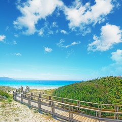 Fototapeta na wymiar wooden boardwalk by the shore in Capo Testa
