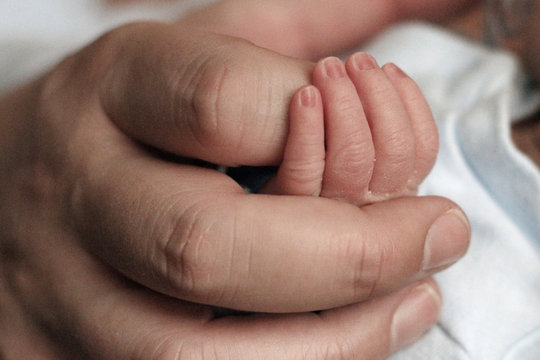 Father's hand holding new-born child's hand (0-1 months)