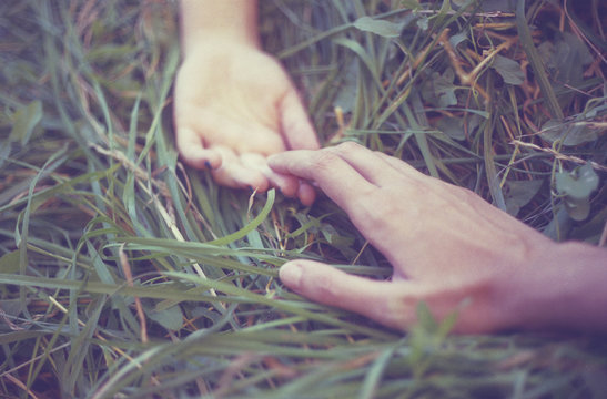 Cropped view of couple's hands on grass, reaching towards each other