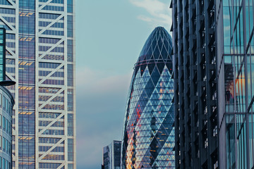 City skyline with the Gherkin building, London, England, UK