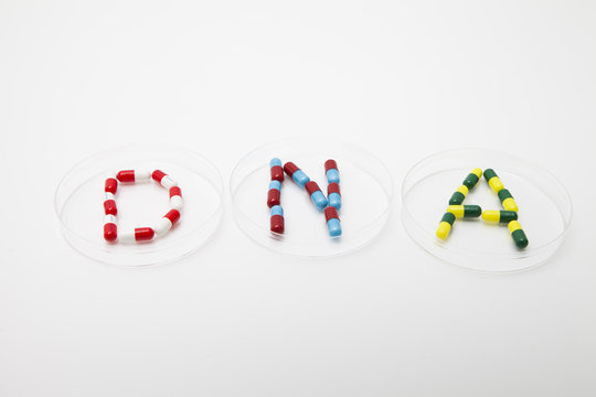 DNA word made up of pills in petri dish